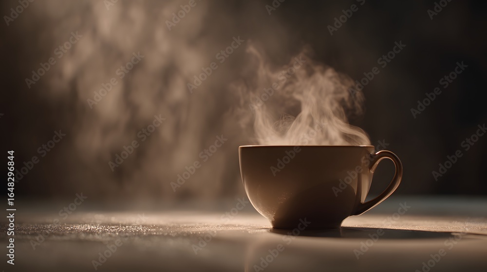 Fototapeta premium Steaming cup of hot beverage on a surface.