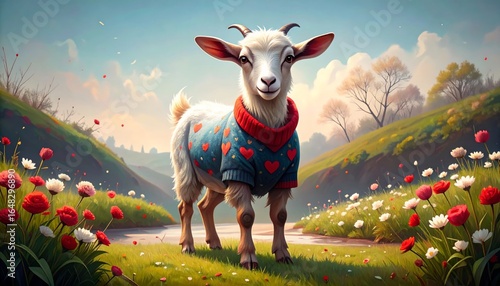 Little goat wearing a sweater with heart patterns standing on green grass