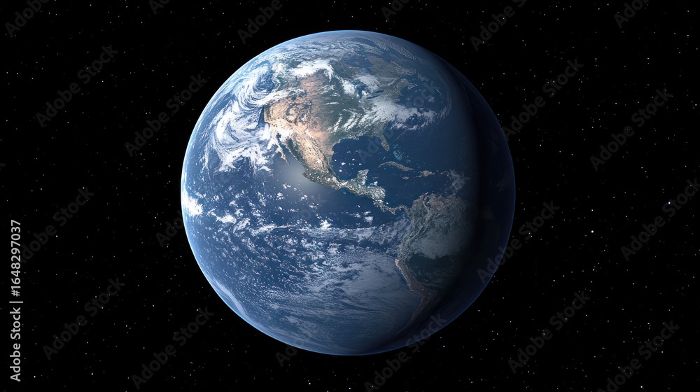 Fototapeta premium Detailed photorealistic rendering of Earth from space displaying continents and cloud formations.