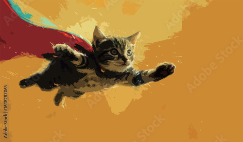 This painting depicts a cat soaring through the air, its fur ruffled by the wind as it defies gravity. The scene captures the whimsical and playful nature of the feline as it takes flight.