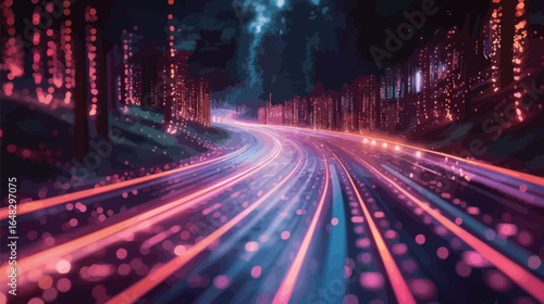 The photo depicts a blurred image of a road cutting through a dense forest. The trees on either side of the road appear as streaks of green, creating a dynamic and motion-filled scene.