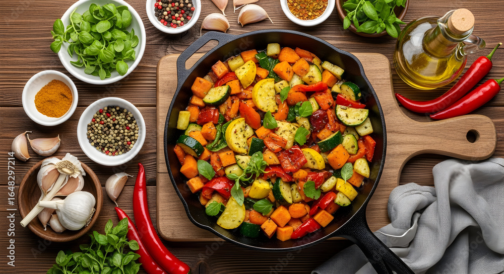 Sizzling Roasted Vegetables in Cast Iron Pan with Fresh Herbs and Spices on a Rustic Wooden Table, Healthy Home Cooking Meal Prep Sizzling Roasted Vegetables in Cast Iron Pan with Fresh Herbs and Spices on a Rustic Wooden Table, Healthy Home Cooking Meal Prep