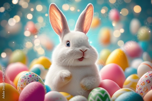 Wallpaper Mural Cute white bunny surrounded by colorful decorated Easter eggs with a joyful and surprised expression on a bright background with bokeh lights Torontodigital.ca