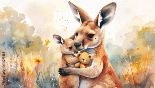 Tiny kangaroo peeking out from its mother’s pouch holding a small teddy bear 
