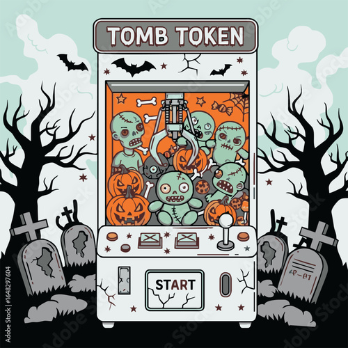 A claw machine game filled with zombie plush toys and pumpkins, set in a spooky graveyard scene with bats and tombstones.