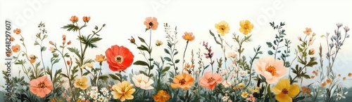 A colorful arrangement of wildflowers with orange, yellow, and white blossoms set against a soft gradient background evoking a peaceful and natural atmosphere