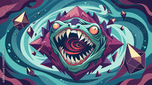 A psychedelic, monstrous creature with sharp teeth and bulging eyes emerges from a swirling vortex, surrounded by geometric shapes. Vibrant and surreal horror fantasy art.