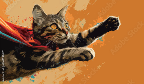 A detailed painting showcasing a cat standing proudly while wearing a vibrant red cape. The felines fur is meticulously depicted, and the cape adds a touch of whimsy to the portrait.