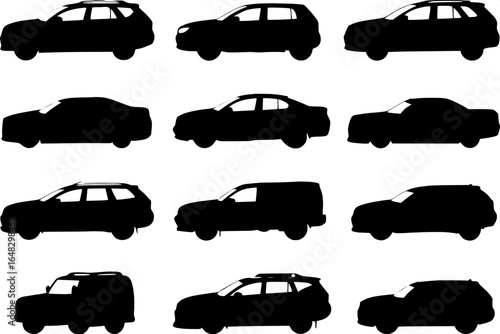 “Twelve modern automotive silhouettes, black vector style, showing diverse body types and views, displayed in clean grid arrangement, simple black-and-white theme with no shading or background element