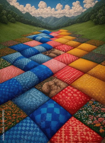 A colorful patchwork path winds through a landscape of hills and sky