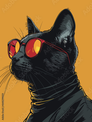 portrait of American cat with sunglasses cosplay human, 960s space-age fashion