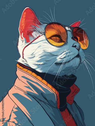 portrait of American cat with sunglasses cosplay human, 960s space-age fashion