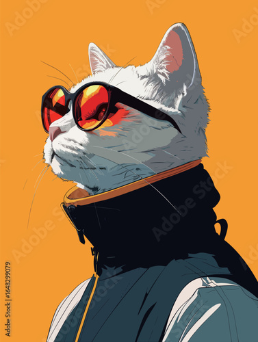 portrait of American cat with sunglasses cosplay human, 960s space-age fashion