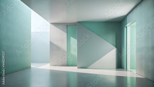 Wallpaper Mural Photo of sunlight streams into a minimalist modern interior room, casting geometric shadows on the walls and floor, creating a serene atmosphere Torontodigital.ca