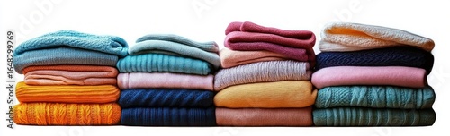 Neatly folded colorful sweaters stacked in multiple piles showcasing a variety of textures and warm hues on a white background