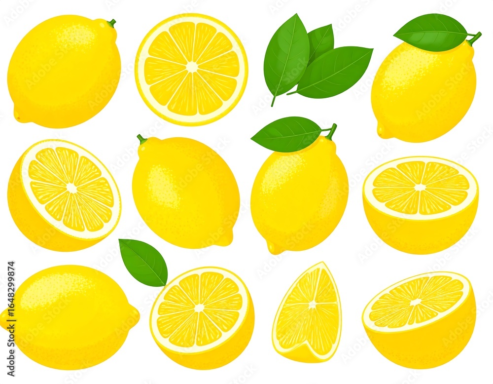 Fototapeta premium Collection of whole and sliced lemons with leaves