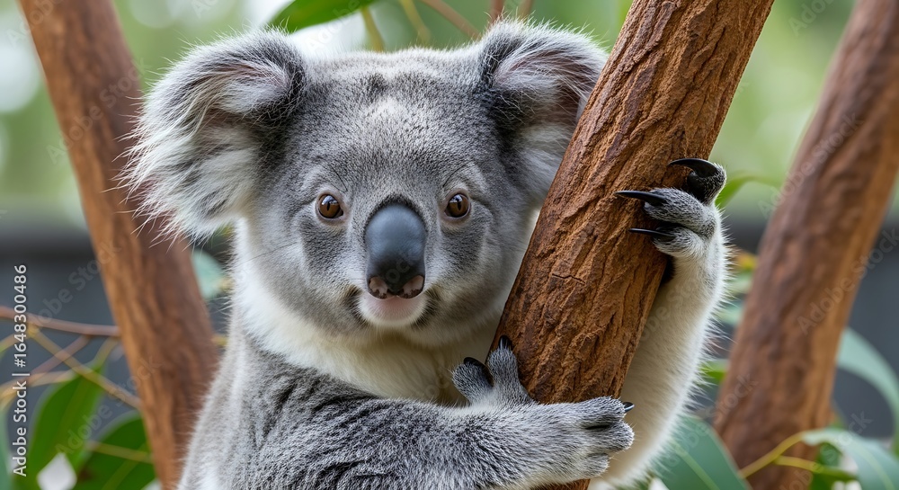 Fototapeta premium Adorable koala clinging to tree trunk with a soft fur and endearing expression in the wildlife