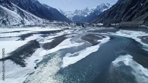 Glacial River Flowing Through SnowCapped Mountains Pakistan