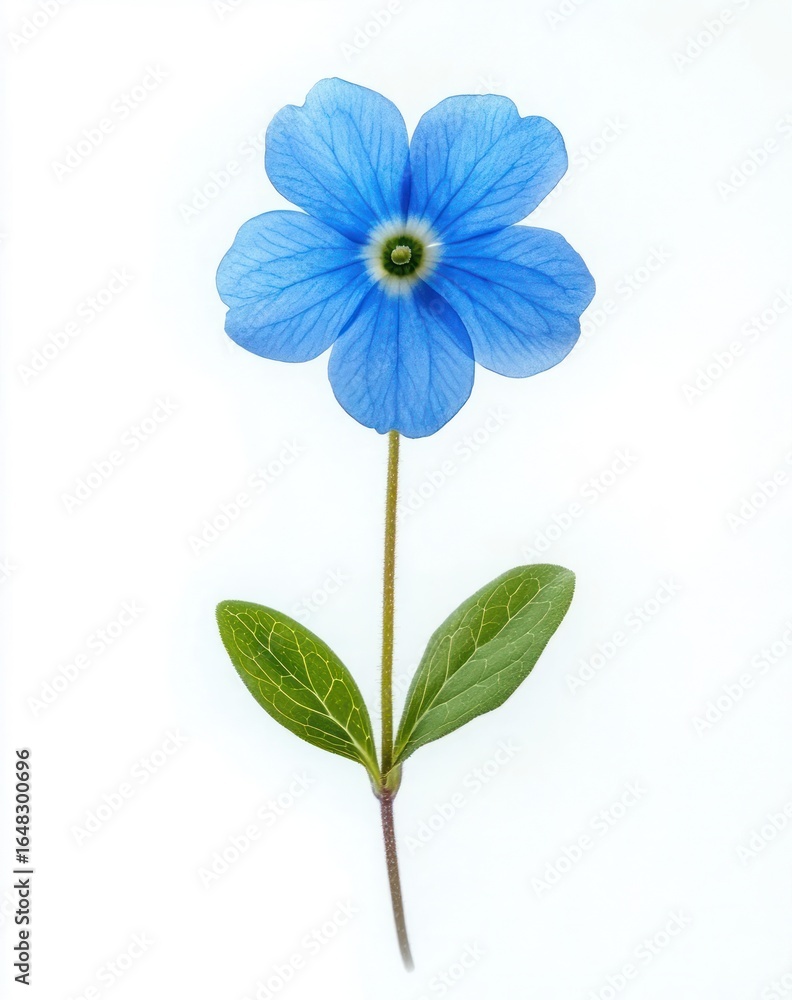 Naklejka premium Close-up of a delicate blue five-petaled flower with visible veins and two green leaves on a thin stem against a white background