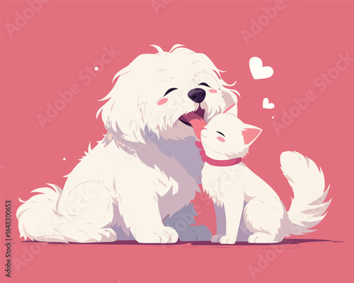 This image features a white dog and a white cat positioned side by side on a soft pink background. The dog appears curious, while the cat looks relaxed.