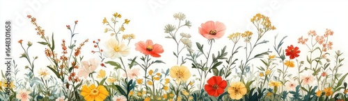 Colorful wildflowers including red, yellow, orange, and white blooms growing in a natural arrangement with green leaves on a white background