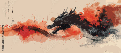 This painting features a detailed and vibrant dragon depicted on a clean white background. The dragon is fierce and majestic, with intricate scales and sharp claws, breathing fire. The colors are bold