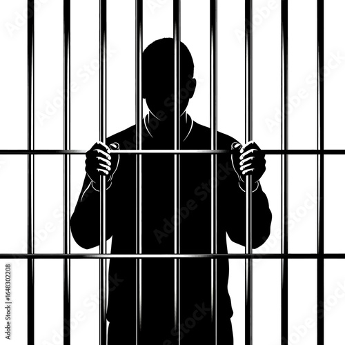 Silhouette man behind bars in prison cell holding bars incarcerated concept high quality professional