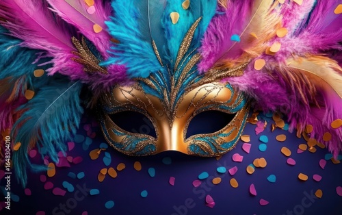 Wallpaper Mural ornate golden carnival mask decorated with blue and gold glitter patterns surrounded by colorful pink, purple, and blue feathers and scattered confetti on dark background Torontodigital.ca