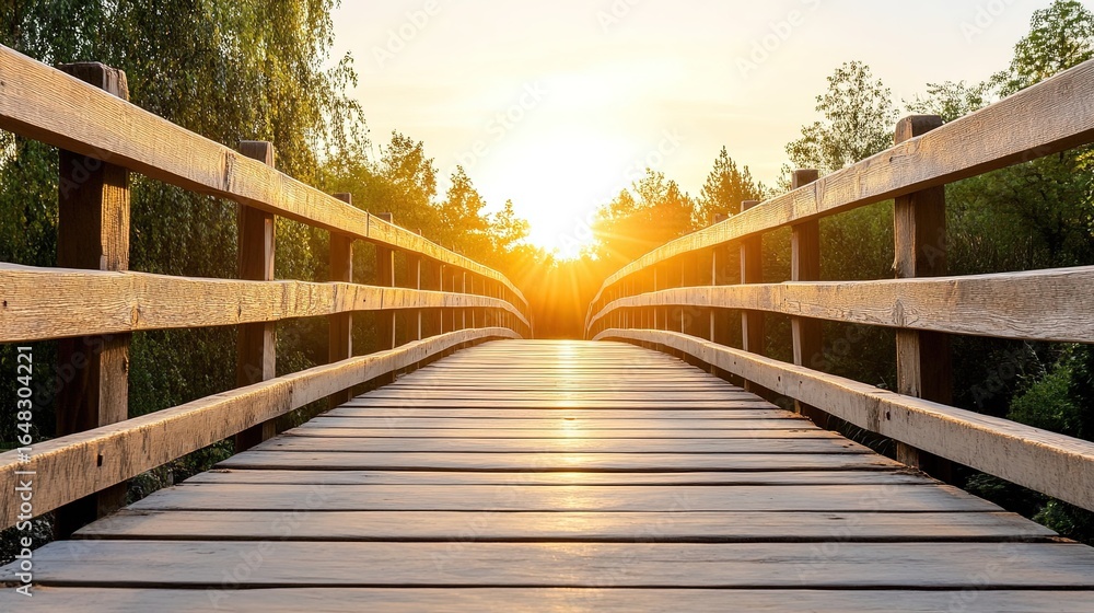 Obraz premium Curved wooden pedestrian bridge extends towards a radiant sun setting over dense green forest