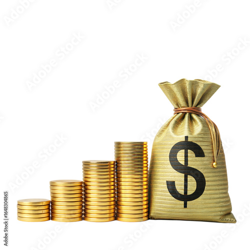 Financial Growth Concept: A visual representation of financial progress, featuring stacks of gold coins ascending towards a full money bag, symbolizing wealth accumulation and financial success.