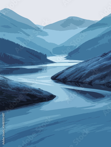 A river flows steadily through a valley encircled by towering mountains. The water cuts through the landscape, reflecting the blue sky above. The rugged terrain slopes up steeply on either side, creat