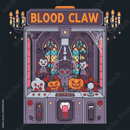 Blood Claw Vampire Halloween Arcade Game Machine with Pumpkins and Bats.