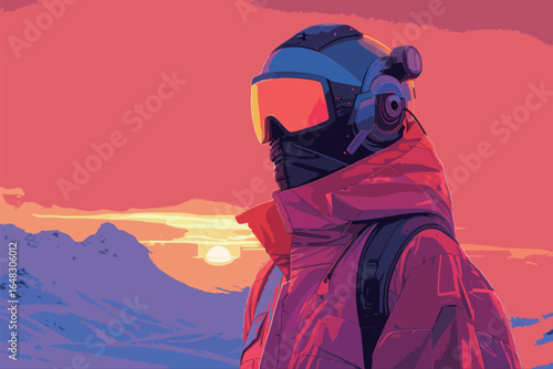 A man wearing a helmet and goggles is standing against the backdrop of a vibrant sunset. He appears to be taking in the view, with the sun dipping below the horizon casting a warm glow.
