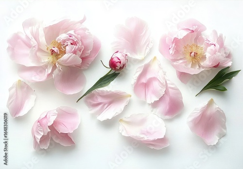 Delicate light pink peony flowers and petals spread on a white background with green leaves and soft natural lighting