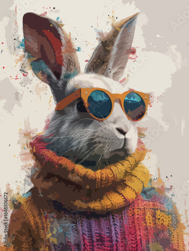 A rabbit wearing sunglasses and a sweater poses for the camera, showcasing its adorable and unique outfit.