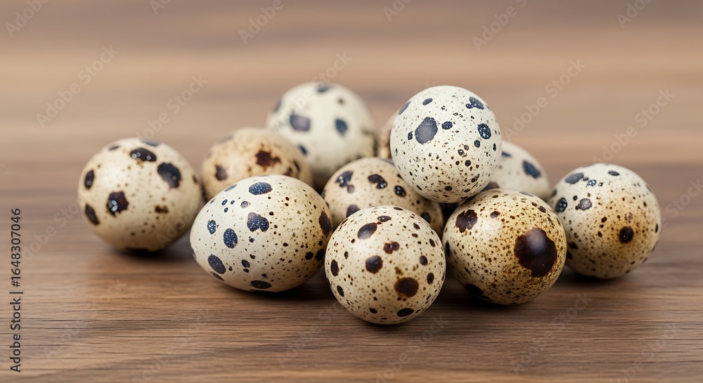 Obraz premium Close-up of speckled quail eggs displayed on wooden surface evoking natural organic essence