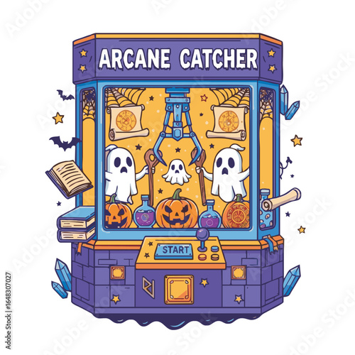 A whimsical illustration of an "Arcane Catcher" claw machine filled with Halloween-themed items like ghosts, pumpkins, and magic potions.