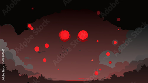 A nightmarish sky filled with numerous glowing red orbs looms over a dark, silhouetted landscape, creating an unsettling and potentially apocalyptic atmosphere.