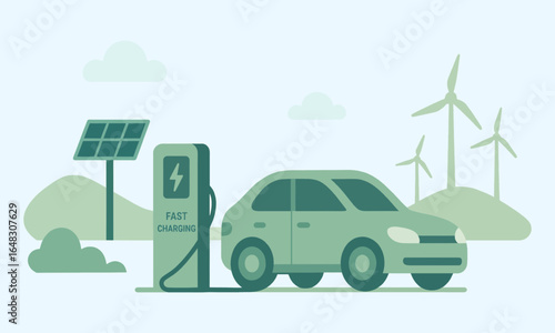 Electric car charging station with solar panel and wind turbines