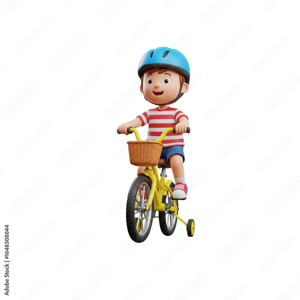 Fototapeta premium 3D cartoon character image of a child riding a bicycle, isolated in transparent white