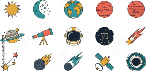 Illustration of planets sun moon telescope and astronaut helmet on white