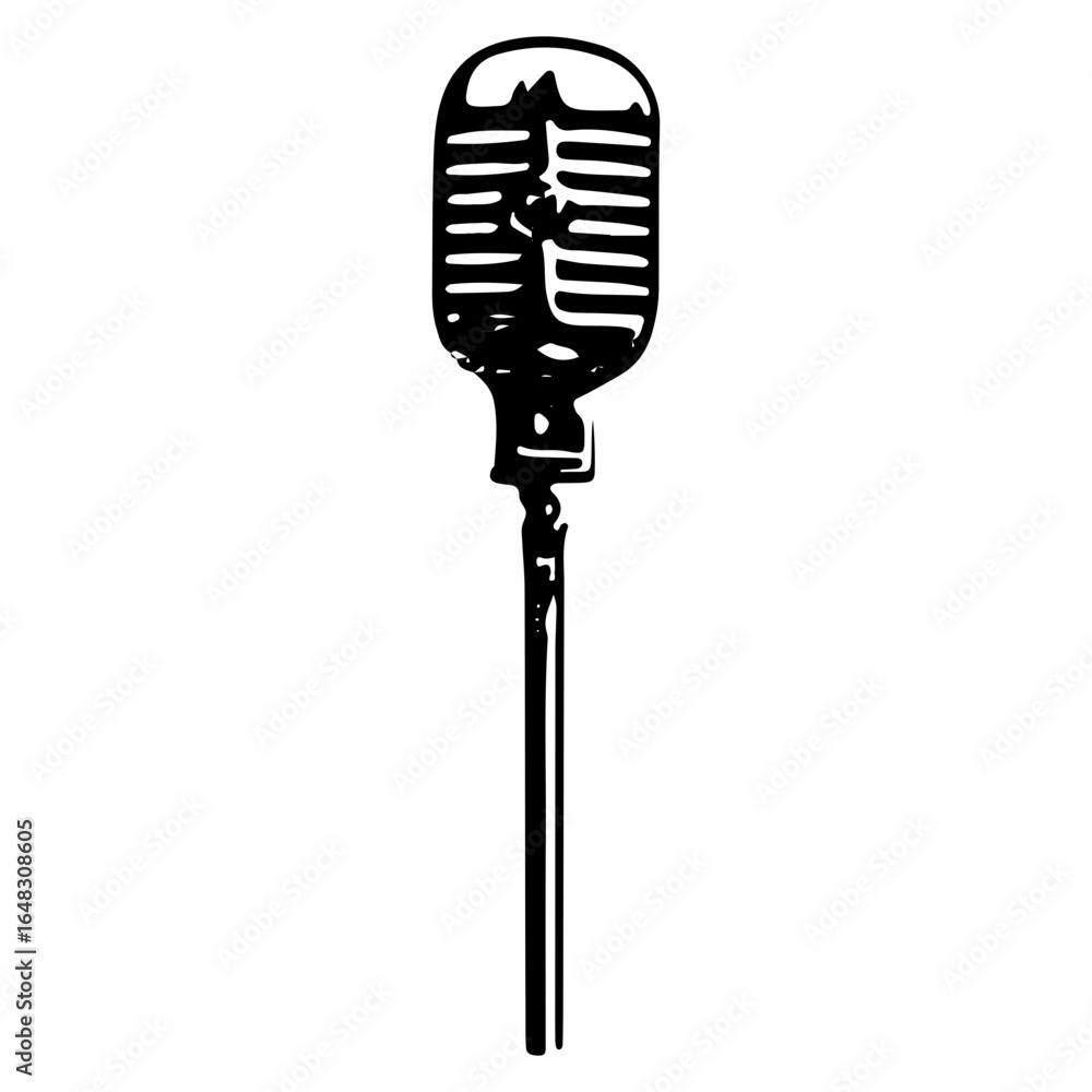 Obraz premium Antique microphone stand engraving, vintage broadcast mic illustration in black and white