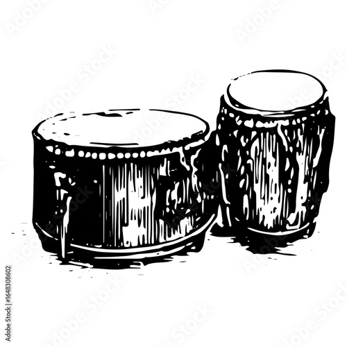 Vintage bongo drums engraving, pair of percussion instruments illustration in black and white