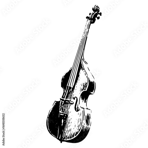 Vintage double bass engraving, string instrument illustration in black and white vector style