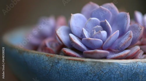Close-up of a vibrant purple succulent in a decorative ceramic bowl.