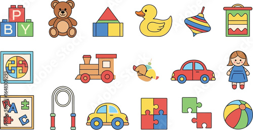 Illustration of various colorful toys including blocks and a teddy bear