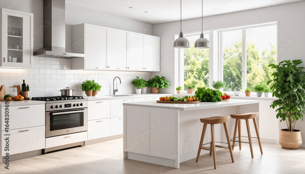 Fototapeta premium Bright and modern kitchen featuring a spacious white kitchen island surrounded by freshly prepared vegetables