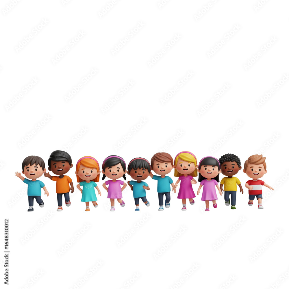 Obraz premium 3d cartoon image of children lined up cheerfully, isolated in transparent white