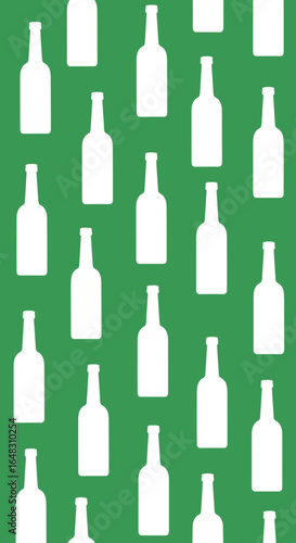 A repeating pattern of white beer bottles on a vibrant green background in a studio setting