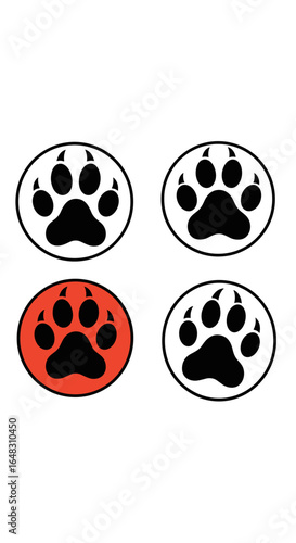 Four black animal paw prints inside white circles with one red highlighted paw print